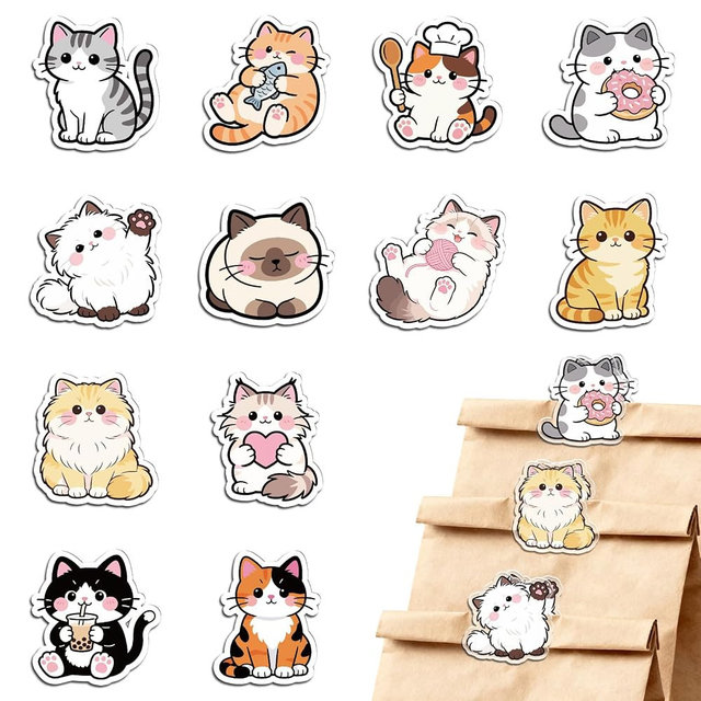 MAYJOYDIY 24Pcs 12 Styles Cute Cat Acrylic Bag Clips Cartoon Animal Bag Sealer Sealing Closures Pet Kitten Acrylic Chip Clips Funny Home Office Holders for Bread Snack Storage Desk Decor