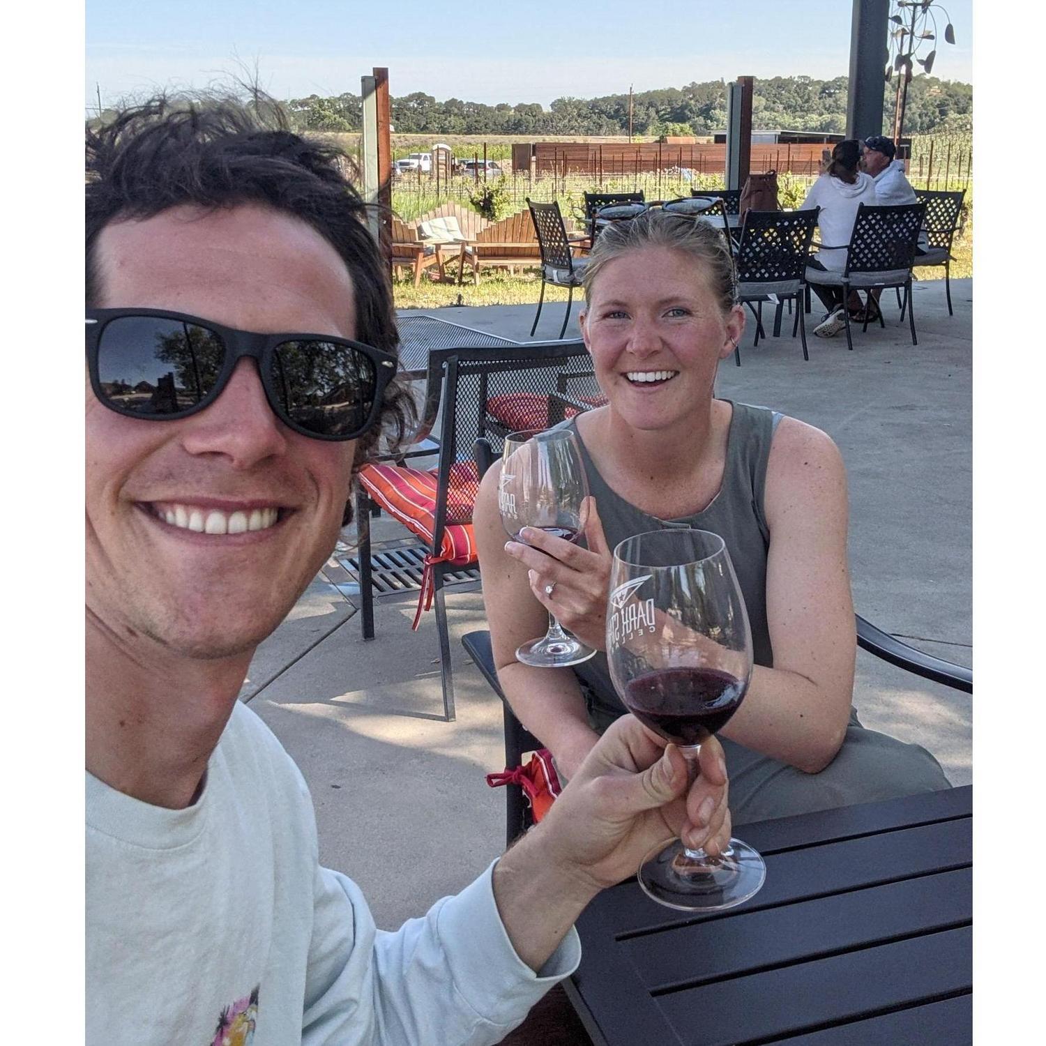 Enjoying a glass of wine as we told our family about our engagement.