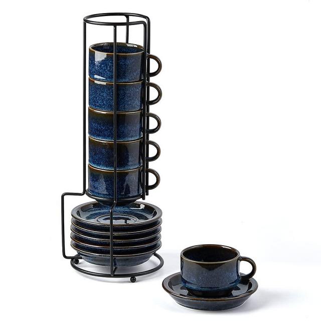 JIEMEI HOME Porcelain Stackable Espresso Cups with Saucers and Metal Stand,4 Ounce Demitasse Cups for Specialty Coffee Drinks,Latte,Cafe Mocha Tea-Set of 6,Stackable Espresso Mugs,Reactive Glaze,Bule