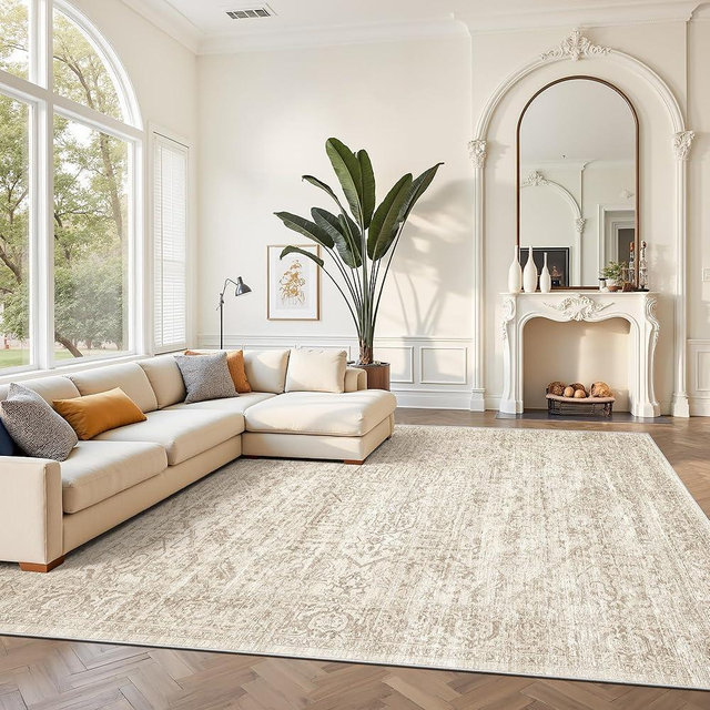 Rugland 8x10 Area Rugs - Stain Resistant Washable Rug, Anti Slip Rugs for Living Room, Vintage Tribal Area Rugs(Distressed Beige, 8'x10')