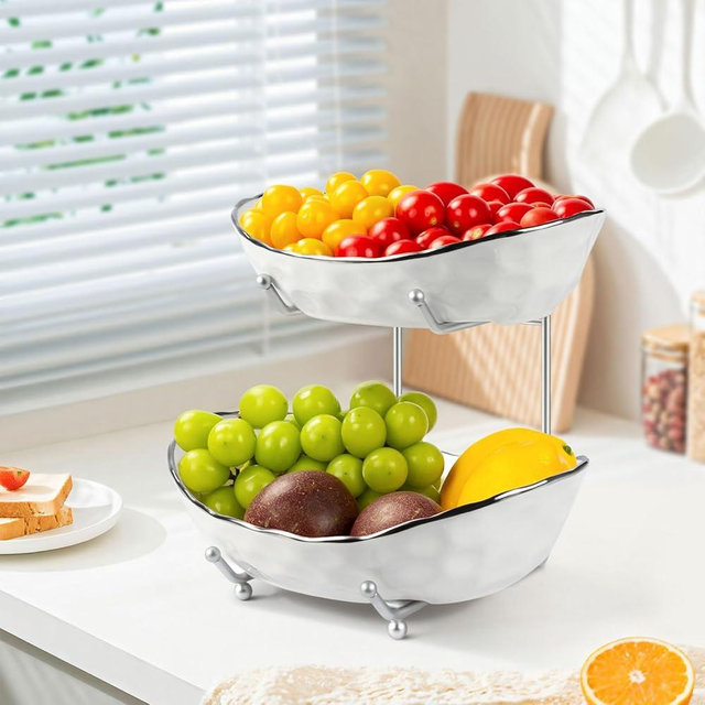 OdoVow 2 Tier Ceramic Fruit Basket, Fruit Bowl for Kitchen Counter, Tiered Fruit Basket for Countertop, Modern Multi Large Capacity Serving Holder for Party Dessert, Snack(Silver&White)