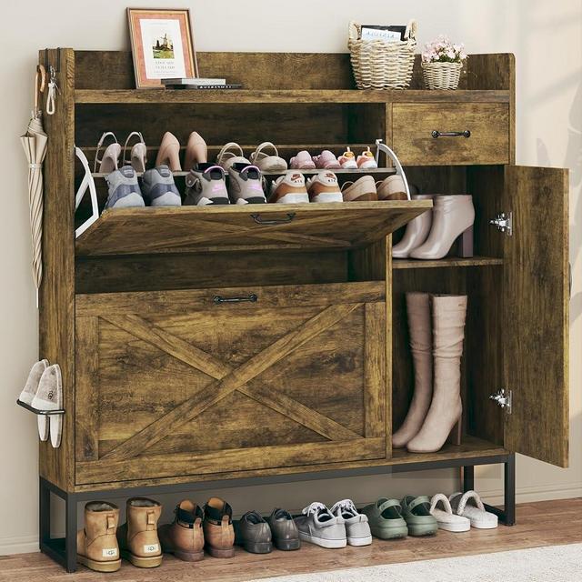 HUAHUU Shoe Cabinet with 2 Flip Drawers & Side Cabinet - Adjustable Shelves, Shoe Storage with Mounted Rack - Entryway, Hallway Organizer, Brown