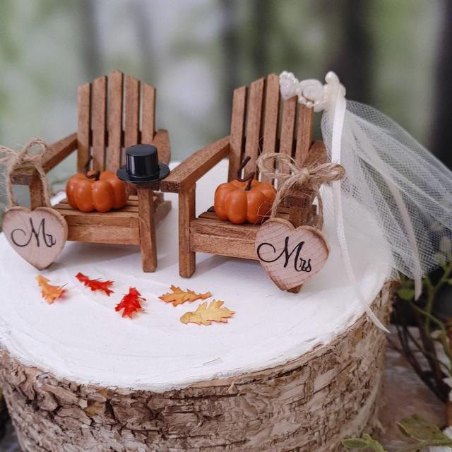 Custom personalized Fall wedding cake topper minature pumpkins small wood Adirondack chairs fall theme country barn fall leaves pumpkins