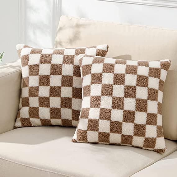 WEMEON Decorative Throw Pillow Covers 16x16 Set of 2Luxury Style Checkerboard Pattern Cushion Case,Checkerboard Pattern Super Soft Faux Fur Wool Throw Pillows for Couch Living Room(Khaki/White)