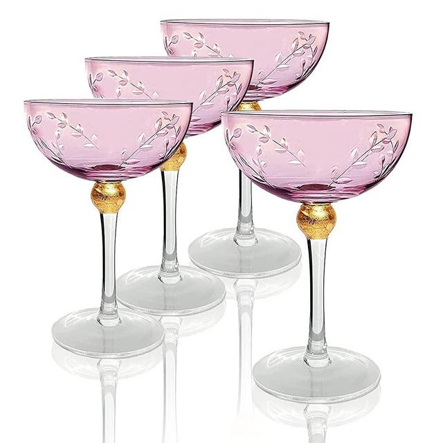 Colored Coupe Art Deco Glasses, Gold | Set of 4 | 12 oz - Holiday New Years Gift - Classic Cocktail Glassware for Champagne, Martini, Manhattan, Sidecar, Crystal Speakeasy Style Goblets Stems (Pink)