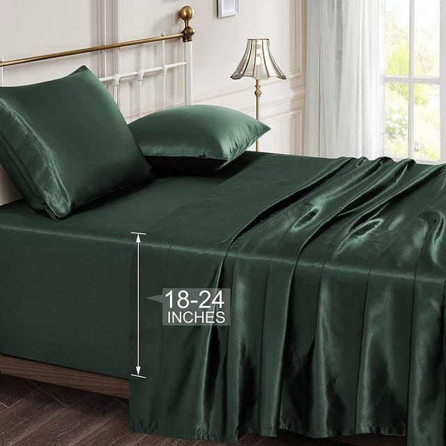 Vonty Satin Sheets Extra Deep Pocket King Size Sheets - Cooling & Silky Satin King Sheets Set with 18-24 Inch Deep Pocket, Forest Green Satin Bed Sheets Fit Up to 24" Deep Matress - 4 Piece