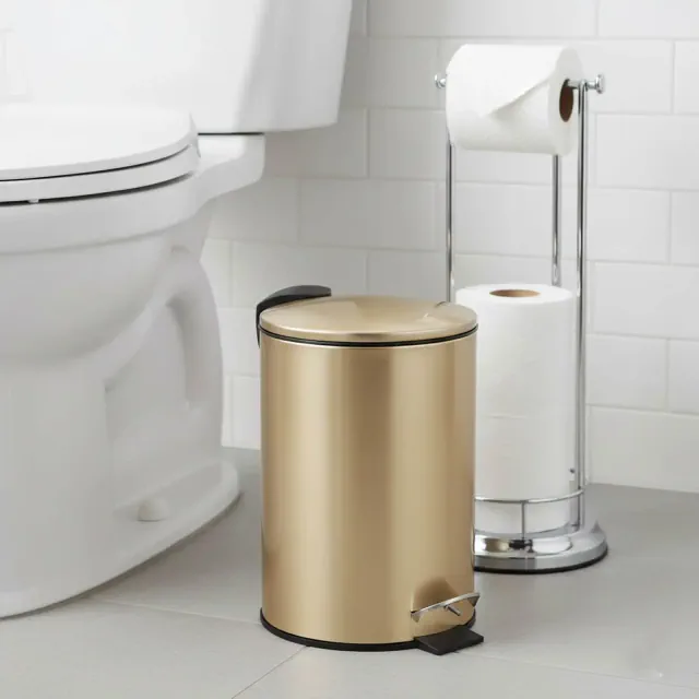 Evideco French Home Goods Brushed Gold Waste Basket Soft Close Lid 3 Liters / 0.8 Gal