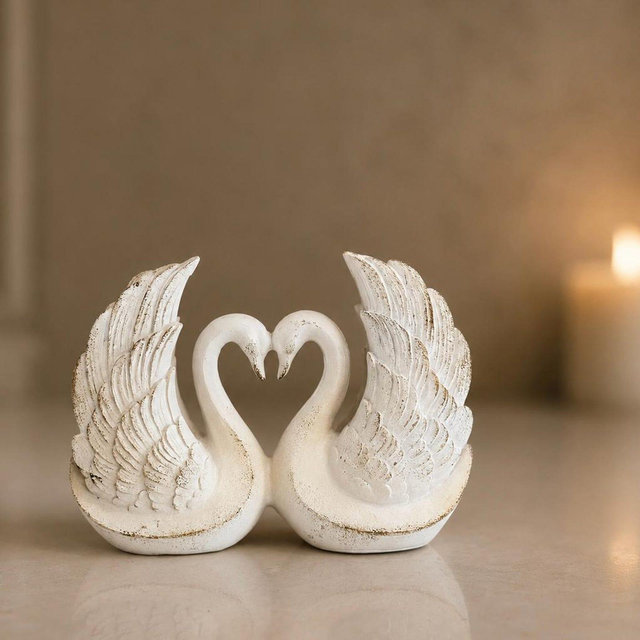 Vintage French Swan Couple Figurine Ceramic Sculpture White Love Birds Decor, Wedding Gift Romantic Accent Valentine Day Decor 6 Inch