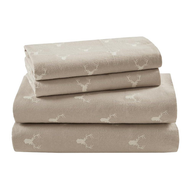 Woolrich Cotton Sheet Set Cottage Charms Print, 100% Cotton Flannel Sheets Warm & Fuzzy Bedding Set Queen Size Sheets, Fitted Pocket Fits Up to 14" Mattress, Queen Stag Head, 4 Piece