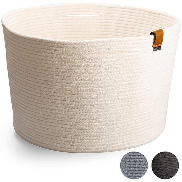 DENJA & CO Large Storage Basket with Handles - Decorative Storage Basket for Towels, Toys or Blankets - Natural Woven Cotton Rope Basket – Ivory White (17.7" Wide x 11.4" Tall)