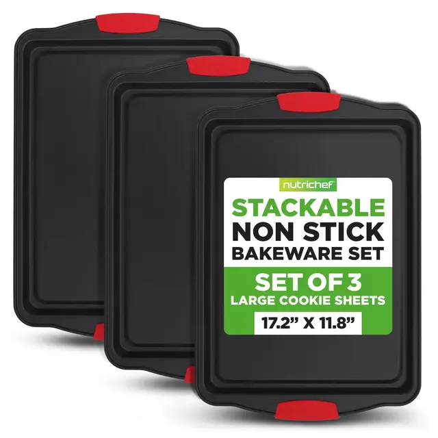 NutriChef 3-Piece Large Non-Stick Cookie Sheet Tray Set with Silicone Handles, Baking Pan for Oven, Black