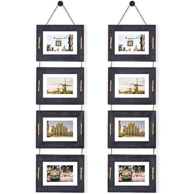 DLQuarts Collage Hanging Picture Frame 5x7, 4-Frame Set, 3.5x5 with Mat or 5x7 Without Mat, Rustic Solid Wood Photo Frame Pack of 2 Weathered Black