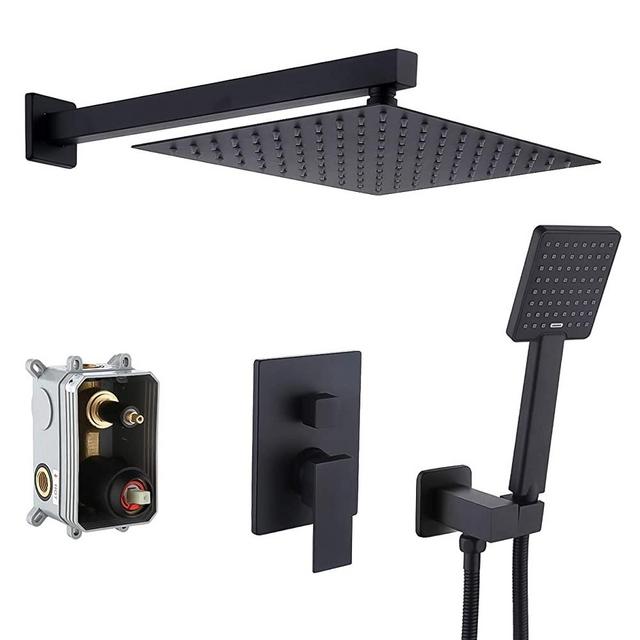 KES Pressure Balancing Rain Shower System Rough-in Valve Trim Kit Shower Faucet Complete Set Square Matt Black, XB6230-BK