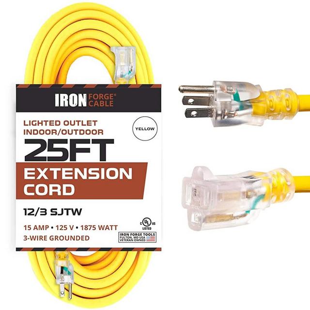 25 Foot Lighted Outdoor Extension Cord - 12/3 SJTW Heavy Duty Yellow Extension Cable Extension Cable with 3 Prong Grounded Plug for Safety - Great for Garden and Major Appliances