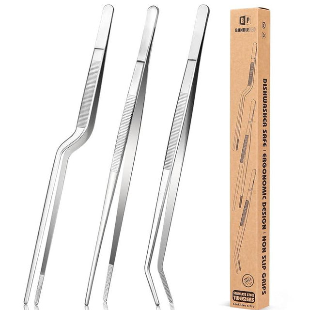 Fine Cooking Tweezers Set, Professional Stainless Steel Food Tongs, Kitchen Black Long Chef Tweezer for Cooking, Plating, Decorating and BBQ (SILVER, 12 inch)
