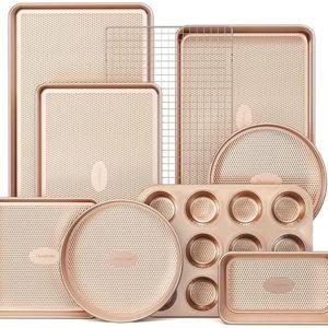 HONGBAKE 9-Piece Baking Pans Set Nonstick, Stackable Non Toxic Bakeware Sets with Diamond Texture, Oven Pan Set for Cooking, Includes Cookie Sheet with Rack, Cake Pan, Roasting Pan, Muffin Tin, Gold