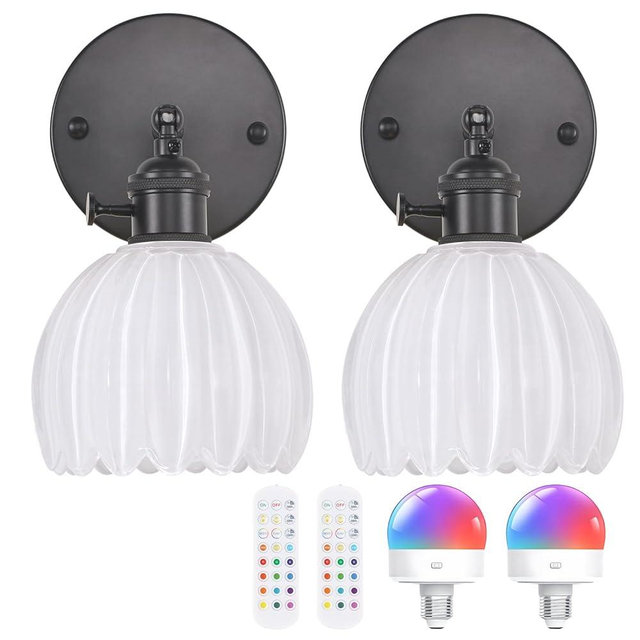 Shenmoyl Vintage Battery Operated Wall Sconce with White Tulip Glass Lampshade Rechargeable Battery Powered Black Wall Light with Remote Control for Bedside Bedroom Doorway, Set of 2