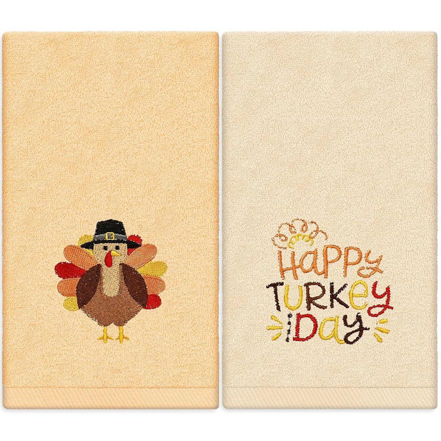 JarThenaAMCS 2Pcs Fall Thanksgiving Hand Towels Cute Turkey Embroidered Cotton Bathroom Towels Autumn Dish Towel with Ribbons for Drying Cleaning Cooking Gift, 29.5 x 13.7 Inch