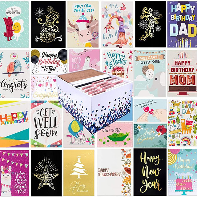 100 All Occasion Greeting Cards- 100 Eye Catching Designs with Greeting Card Organizer Box- Friendship Cards, Anniversary Cards, BFF Cards, Thanks Cards, Wedding Cards & More- 4 x 6 with 100 Envelopes