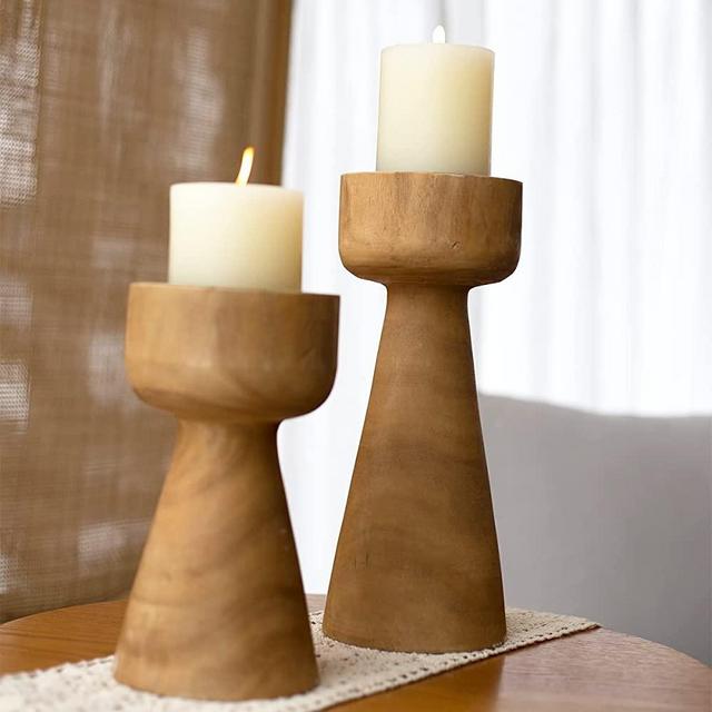 Athaliah Wood Candle Holder for Pillar Candle Set of 2 Vintage Pillar Wooden Candle Holders,11.5"8.5"H Taper Candle Holder Stand Wood Candle Stand for Table Centerpiece Mantel or Any Table Top Decor