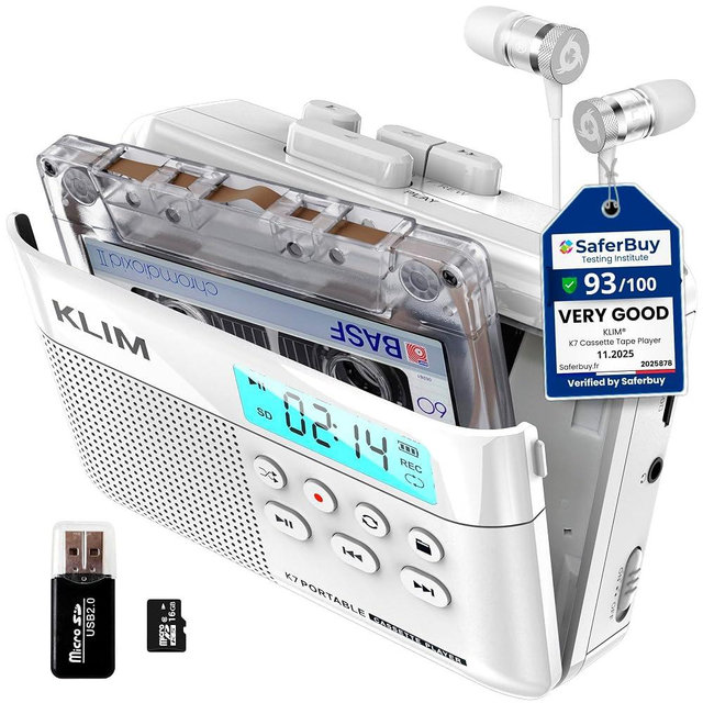 KLIM K7 Cassette Tape Player - Cassette to MP3 Converter - Portable - Built-in Microphone & Speaker - Rechargeable Battery - Earphones - 16GB SD Card - White