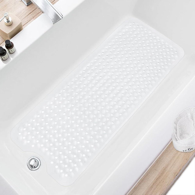 TEESHLY Bath Tub and Shower Mats, Non Slip 40 x 16 Inch Extra Large Bathtub Mat, Machine Washable Bathmat with Drain Holes, Suction Cups for Bathroom Floor, White