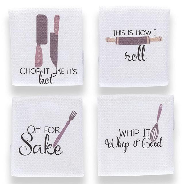 Aller Home&Kitchen Funny Kitchen Towels with Sayings. 4pc Kitchen Towel Set, Fun Pun Gadget Design - Waffle Weave Towel, Decorative Funny Dish Towels for Mom. Cute Kitchen Towels for Gifts