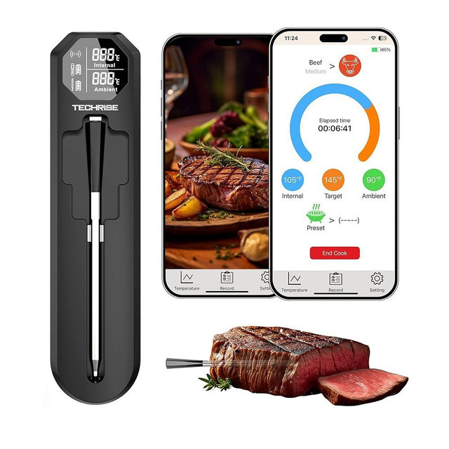 TechRise Bluetooth Wireless Meat Thermometer with APP, Wireless BBQ Grill Thermometer for Oven,Smoker,Air Fryer,Kitchen Cooking,Instant Read Digital Probe with Alarm, Long Range,Rechargeable,Black