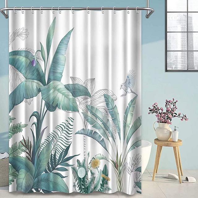 Tropical Leaves Shower Curtains for Bathroom, Green Palm Leaves Plant Birds Floral Botanical Shower Curtain for Bathroom, 72 x 72 inches
