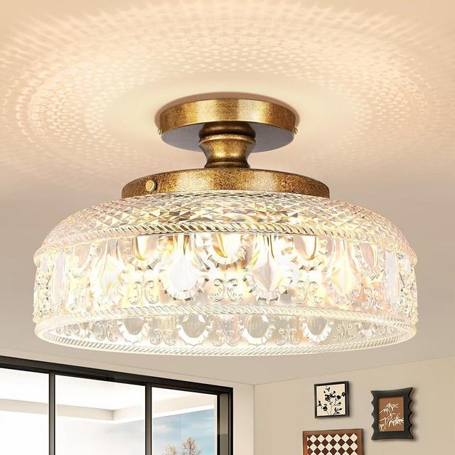 Lamomo Semi Flush Mount Ceiling Light, 3-Bulb Hallway Light Fixture, Antique Brass Gold Globe Glass Close to Ceiling Light,Indoor Hanging Light for Bedroom Kitchen Porch Hallway,Bulbs Not Included