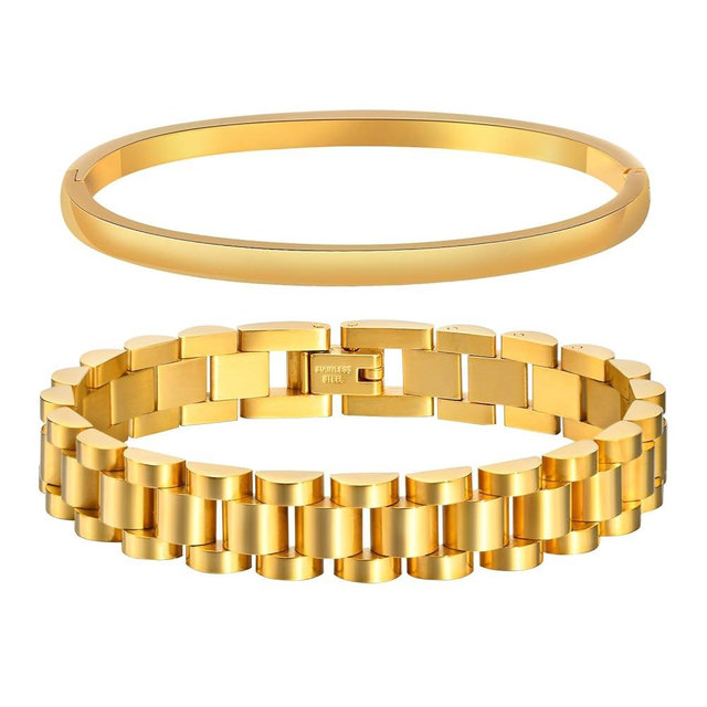 MPRAINBOW 2pcs 18K Gold Plated Chain Link Bracelet, Stainless Steel Crystal Friendship Bracelets Bangle,Watch Band Chains Wristband Jewelry with Adjust Tool