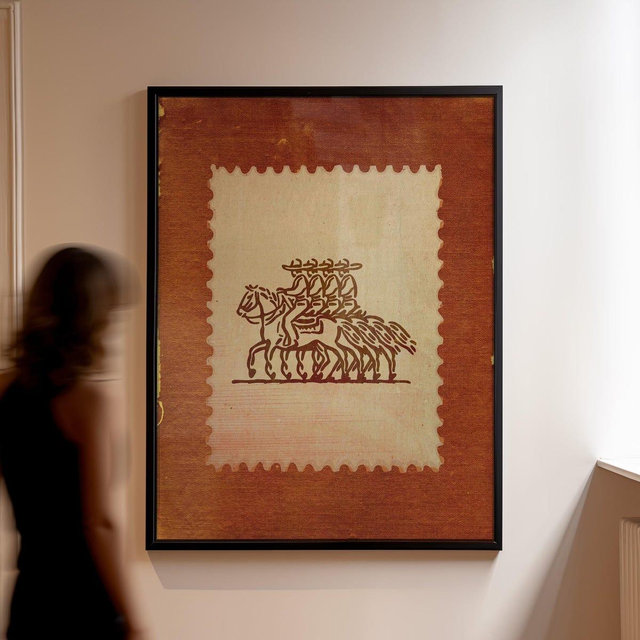 Rustic Mexico Stamp Art: Cowboys on Horseback Wall Print, Earthy Tones Traditional, Vintage Inspired Western Poster Print