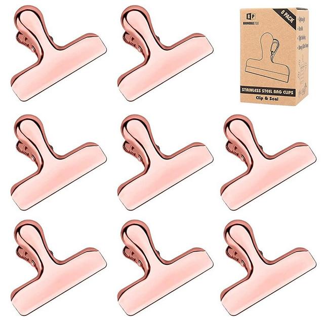 Pack of 8 Rose Gold Bag Clips, Stainless Steel and Heavy Duty Metal Bag Clip,Tightly Seals Chip, Coffee, Bread or Cereal Bags to Keep Food Fresh, for Home, Kitchen, Office, Pantry, Camping