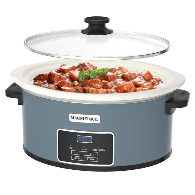 MAGNIFIQUE 7-Quart Programmable Slow Cooker with Timer Keep Warm - Small Kitchen Appliance for Family Dinners - Serves 6+ People (Blue)