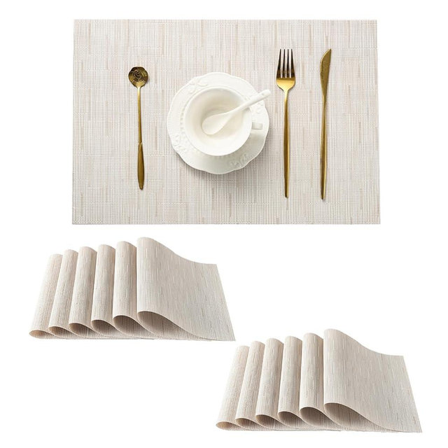 Leetaltree Pale Beige Placemats Set of 12 - Heat Resistant Non-Slip Place mats for Dining Table, Washable Durable PVC Vinyl Woven Table Mats（Pale Beige, 12）
