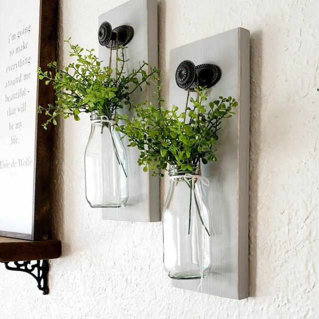 NEW. 2 Farmhouse Kitchen Wall Sconces. Gray washed boards with glass bottles. Antique pewter knobs. Leaf greens. Country Farmhouse Decor