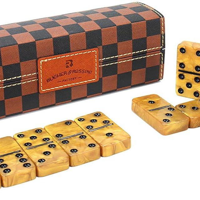 Vovotuzzi Dominos Set for Adults, Thick Domino, Double 6 Dominoes Set for Adults and Kids, 28 Marbleized Gold Tiles in Brown Leather Case, Travel Domino's Game Set