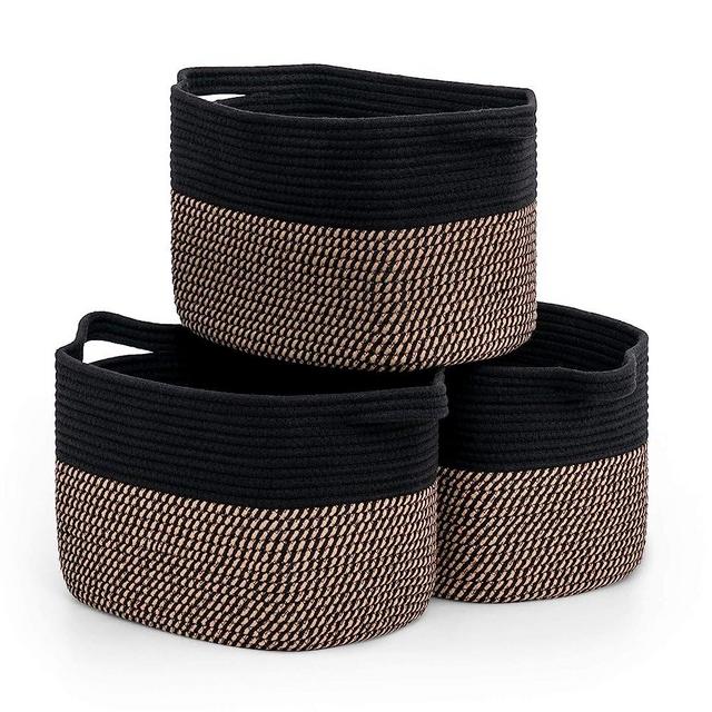 Goodpick Black Woven Rope Basket Set of 3, Shelf Storage Baskets for Books, Towels, clothes, Rectangle Decorative Basket for Living Room, Bedroom, Toy Bin for Nursery