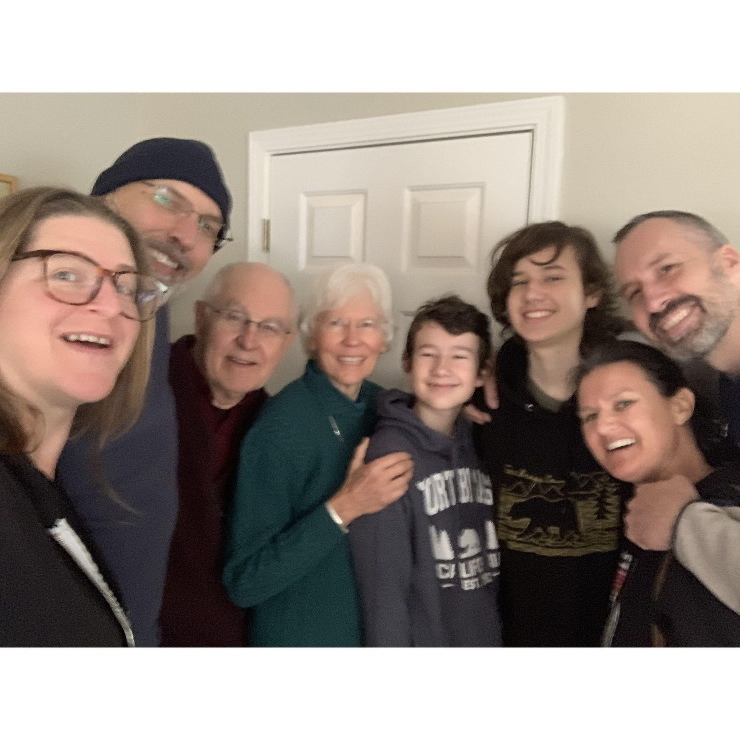 Posing near our scenic closet door when the rest of the Halls came up for Thanksgiving a couple of years ago.