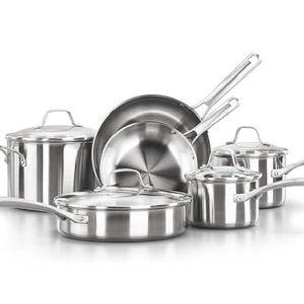 Calphalon Classic Stainless Steel Cookware Set, 10-Piece, Impact-Bonded Aluminum Base, Stay-Cool Handles, Oven Safe 450F, Silver