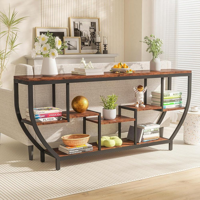 Vagaconl 70.86" Extra Long Console Table Sofa Table & Storage Shelves Entryway Table Industrial TV Stand, Metal Frame Behind Couch Table for Foyer, Hallway, Entrance (Brown)