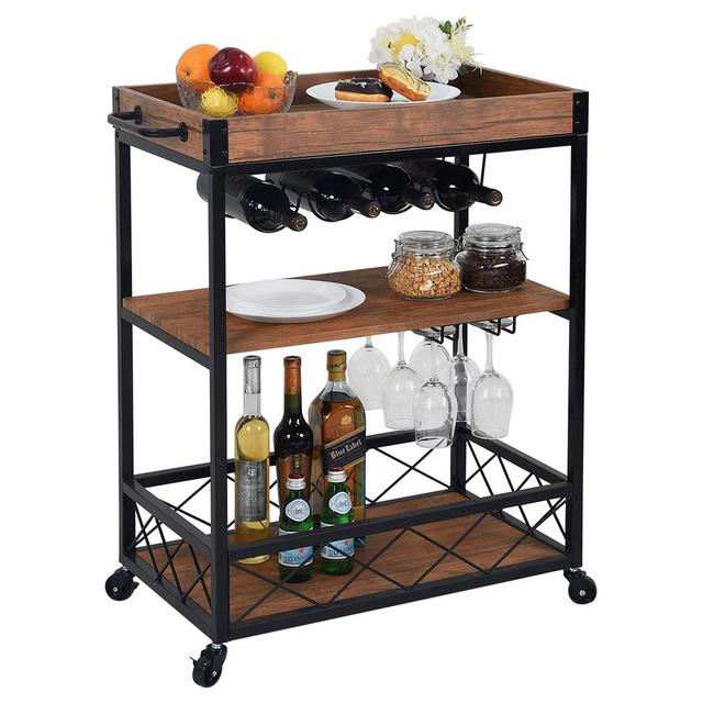 CHARAVECTOR Bar Cart Kitchen BarServing Cart for Home with 3 -Tier Storage Shelves Kitchen Island Cart,Metal Wine Rack Storage and Glass Bottle Holder