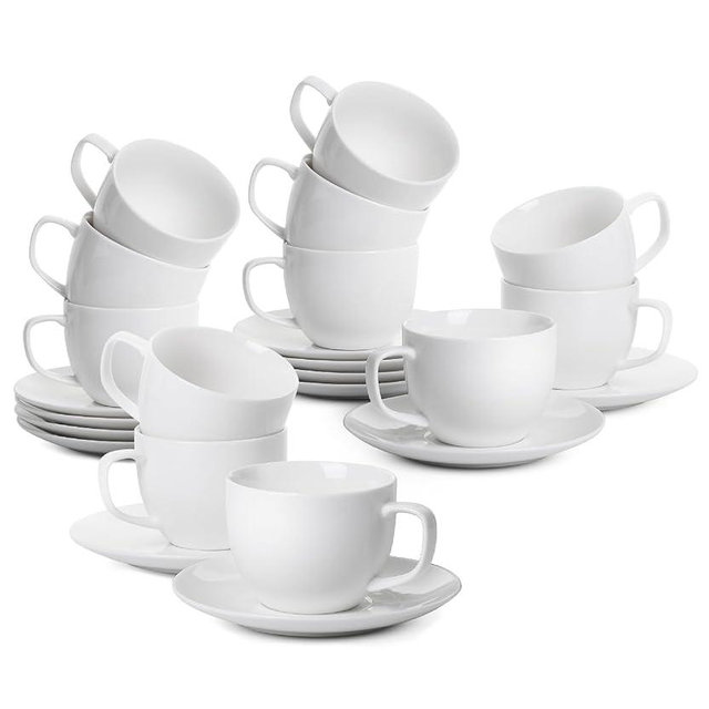 BTaT- White Tea Cups and Saucers, 8oz, Tea Cups Set of 12, Porcelain Tea Cups, White Cup & Saucer Sets, White Tea Cup Set of 12, Tea Cup Sets, Bulk Tea Cups and Saucers Set of 12, Mother's Day Gift