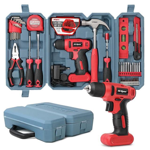 Hi-Spec 57 Piece 8V Electric Power Drill Driver & Home DIY Tool Kit Set. All Purpose Hand Tools for Household & Office DIY Repair & Maintenance. All In a Compact Carry Case