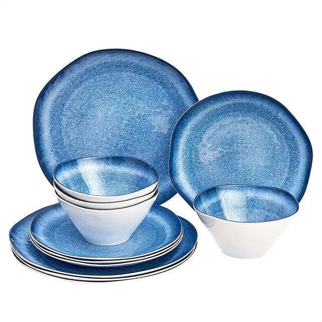 Amazon Basics 12-Piece Melamine Dinnerware Set - Service for 4, Blue Glaze with Rustic Edge