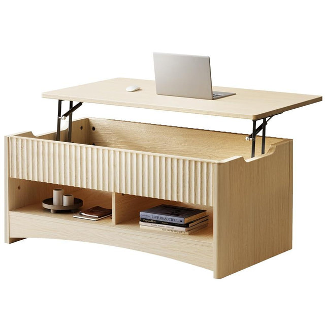 Marsail Lift Top Coffee Table with Open & Hidden Storage, Modern Fluted Coffee Table with Smooth Lift Mechanism, Sturdy Space-Saving Center Table for Home Living Room, Office, Oak