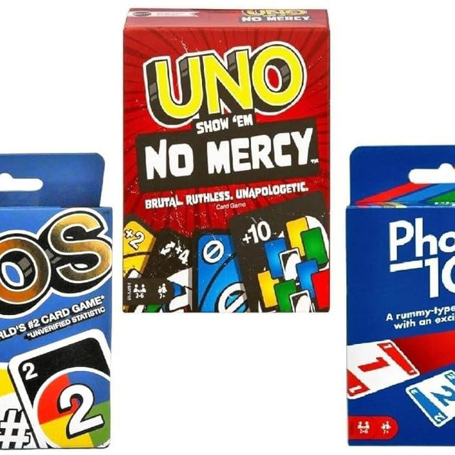 Mattel Uno No Mercy, Dos and Phase 10 Card Game, Combo Pack of 3