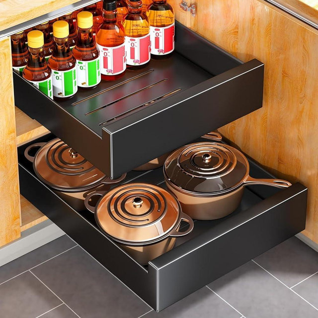 Pull out Cabinet Organizer, 21"Deep, Slide out Spice Rack for Kitchen Cabinets, Under Sink Pull-Out Home Organizers with Adhesive Nano Film Fixed, Sliding Cabinet for Bathroom, Pantry Storage Shelves