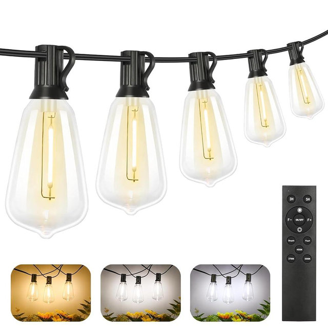 Brightever Dimmable Outdoor String Lights with Remote,3 Colors in 1 LED Patio Lights for Outside with 25+1 ST38 Edison Bulbs, 50FT 3 Modes Gazebo Lights Waterproof for Camping Deck, 2700K/4000K/5000K