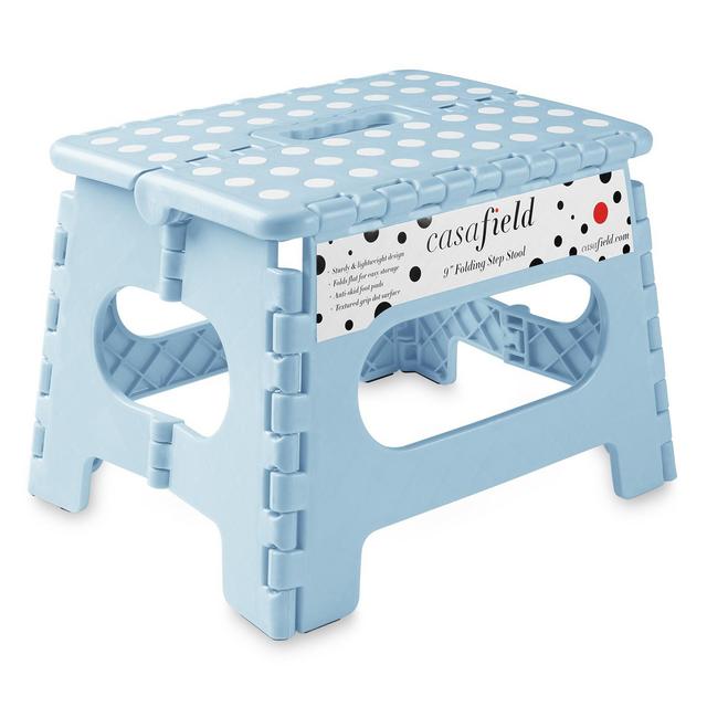Casafield 9" Folding Step Stool with Handle - Light Blue, Collapsible Foot Stool for Kids and Adults, Use in Kitchen and Bathroom